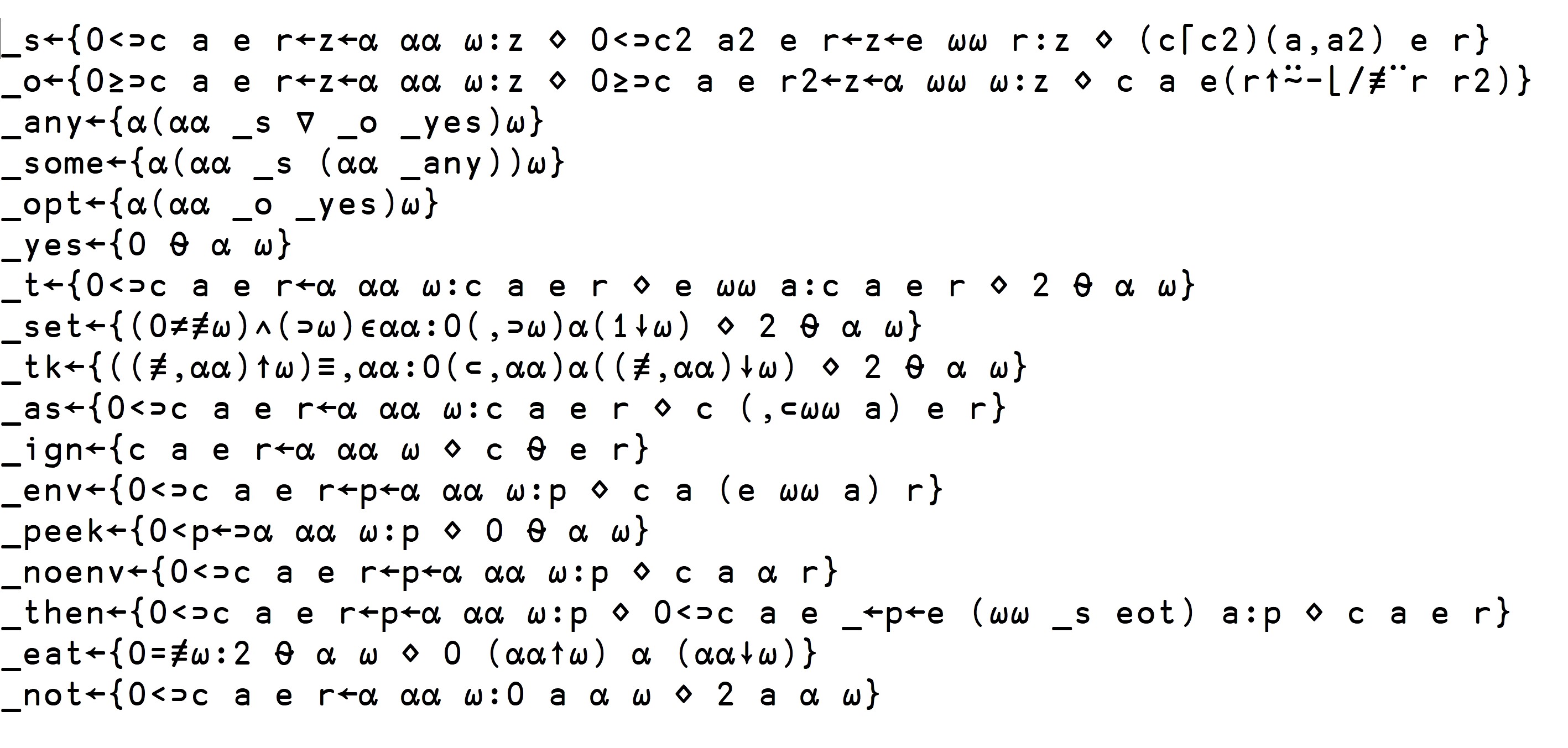 A page of APL code.  The code contains almost entirely symbols and is impossible to read for anyone unfamiliar with APL